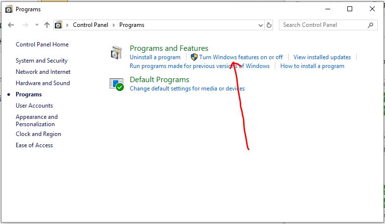 Turns windows features turn on or off from control panel